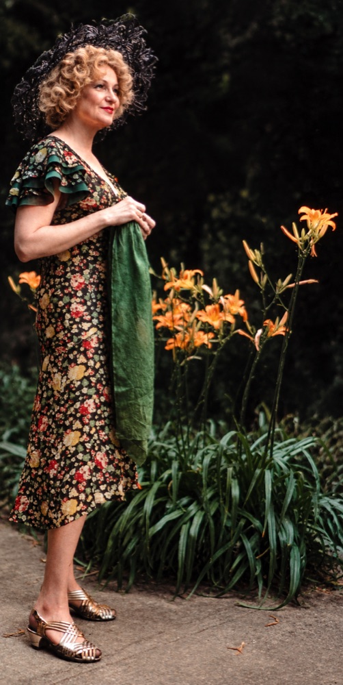 Geraldine Page in costume by a brick wall, A Streetcar Named Desire, costumes by Laura Crow
