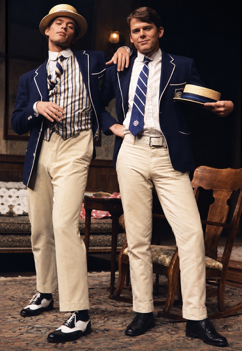 Two boys in boater hats and blazers, costume design, Ah, Wilderness!, by Laura Crow