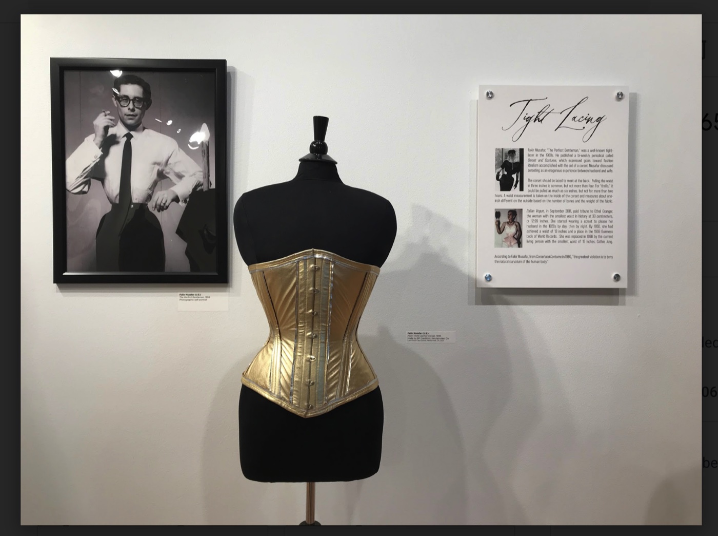 Gold leather corset with Fakir Musafer portrait and Tight Lacing text panel, The Corset as Art, SUMA