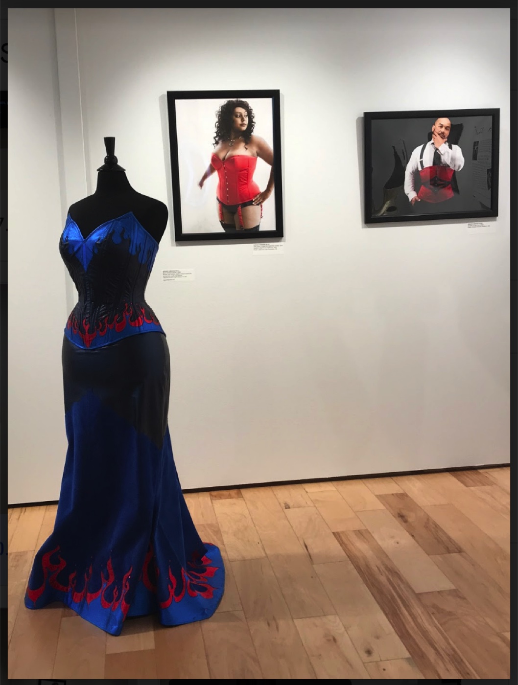 Blue and red flame-patterned corset gown, The Corset as Art, SUMA