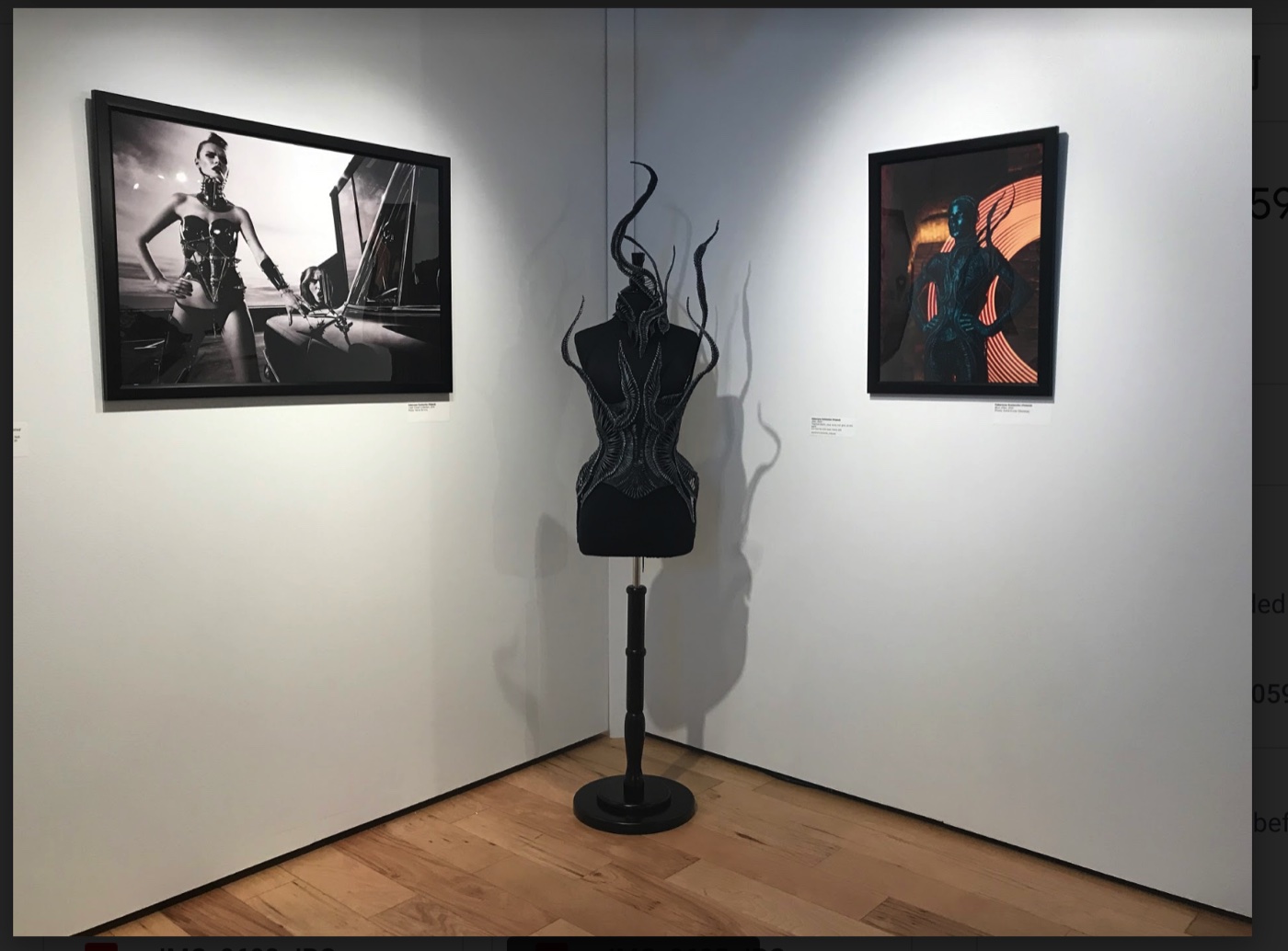 Corner installation of photographic works and sculptural corset by Katarzyna Konieczka, The Corset as Art, SUMA