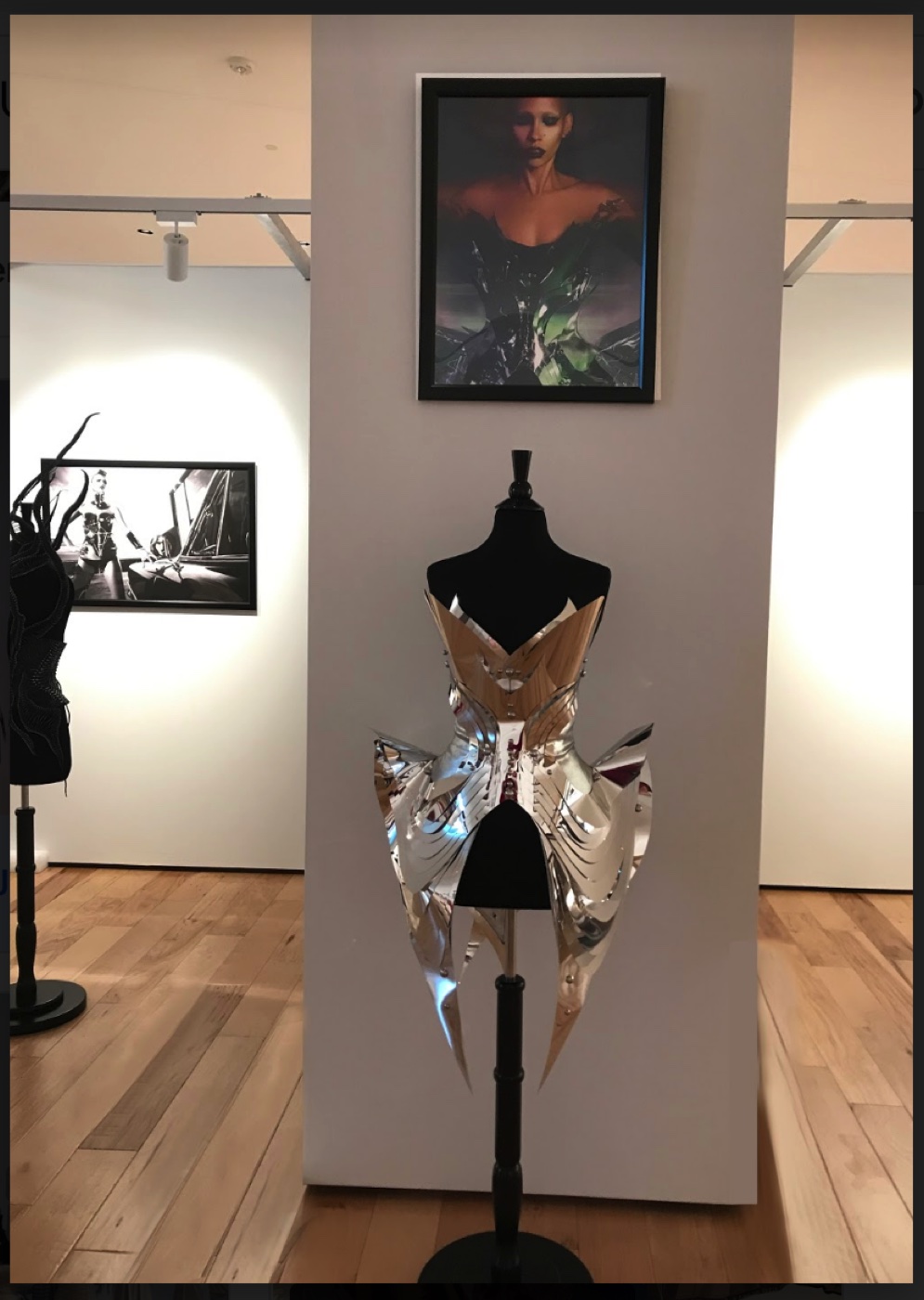 Red gowns on display beneath the 1885 to 1905 silhouette wall, The Corset as Art, SUMA