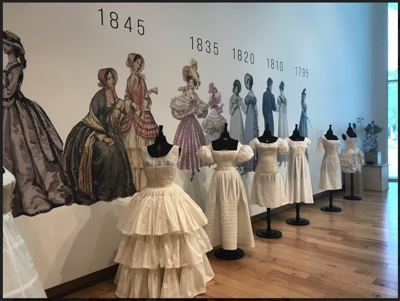 Corset silhouette timeline wall, 1795 to 1845, The Corset as Art, SUMA