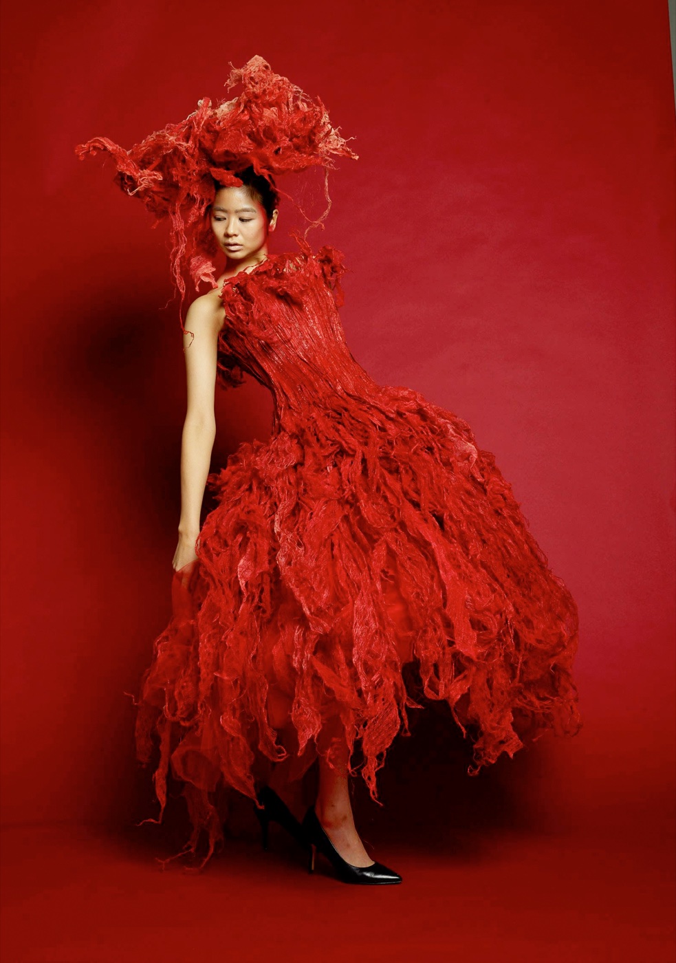 Red silk corset gown and headpiece by Chie Ohno, Japan, The Big Squeeze: The Corset as Art