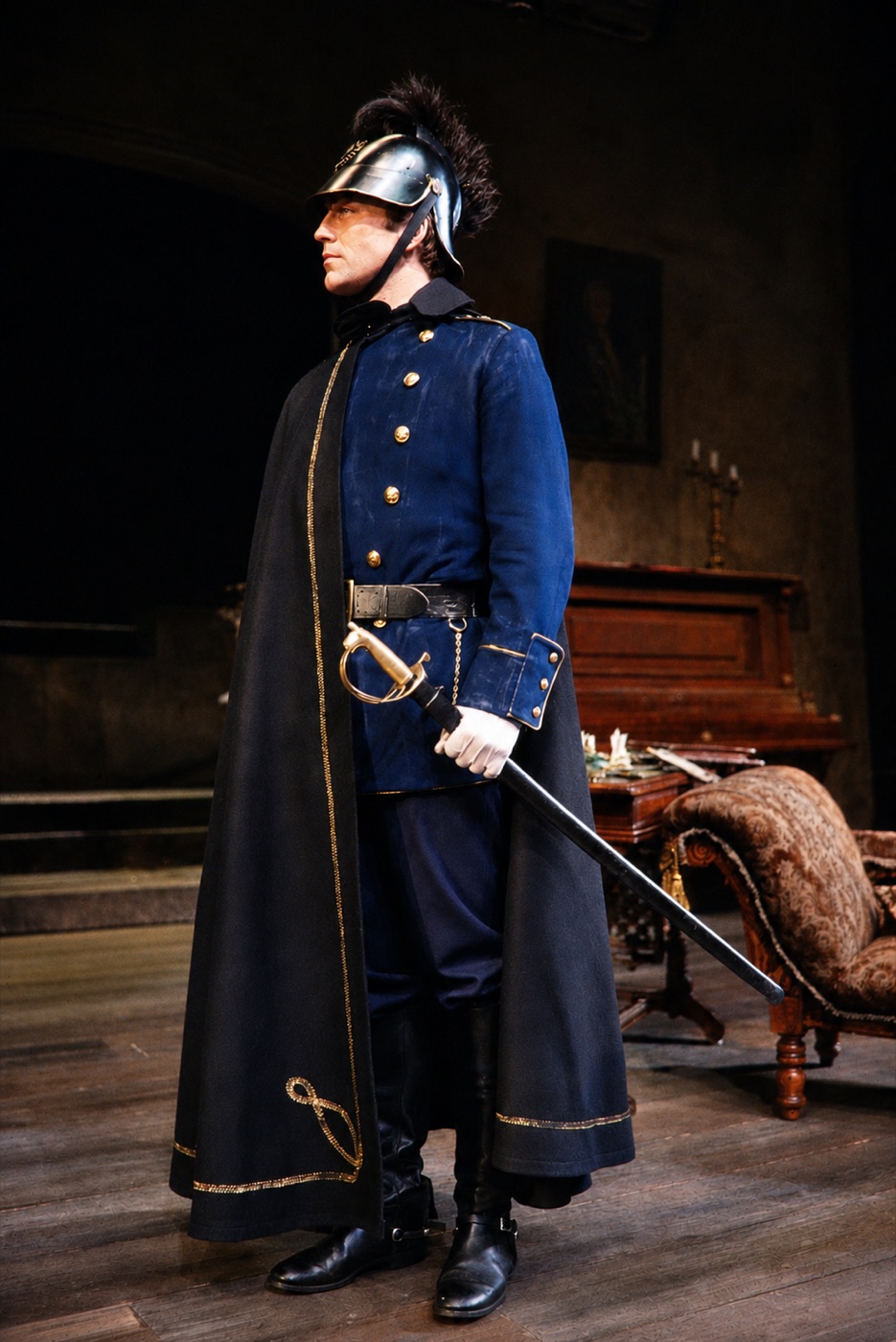 Robert in cape and helmet, costume design, Dance of Death