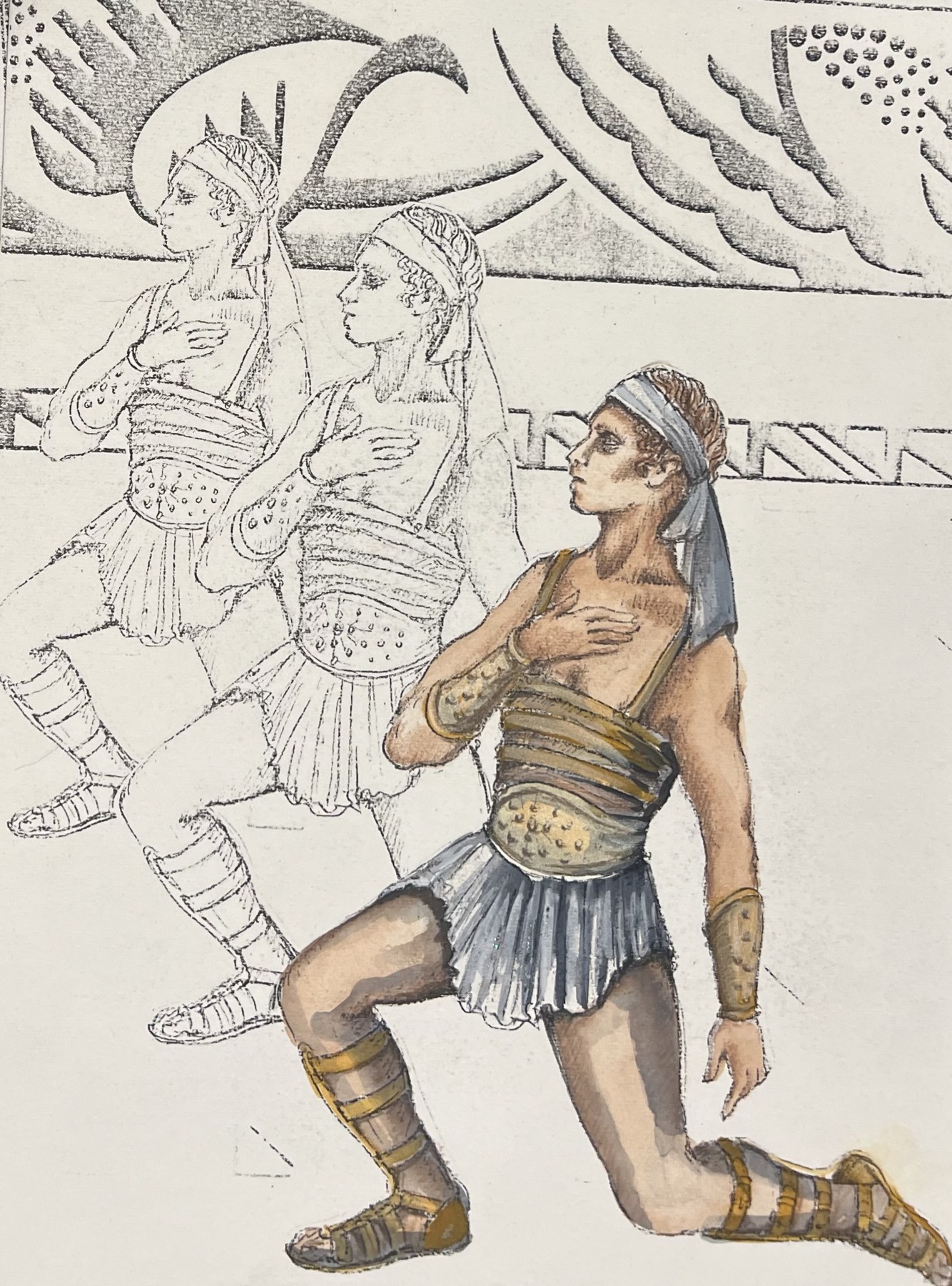 Original costume rendering, Figure in a short pleated costume and helmet, Die Fledermaus, by Laura Crow