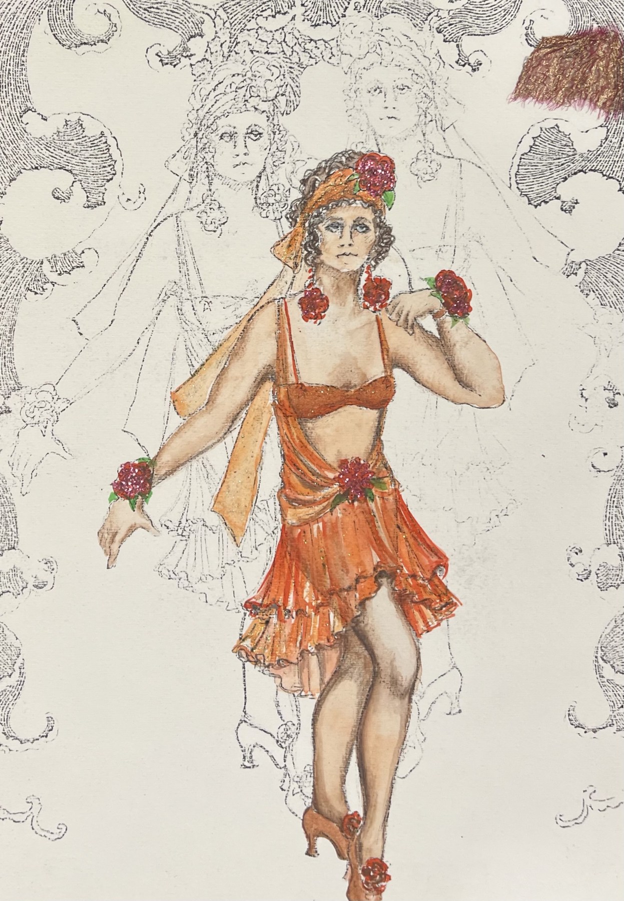Original costume rendering, Figure in an orange fringed costume, Die Fledermaus, by Laura Crow