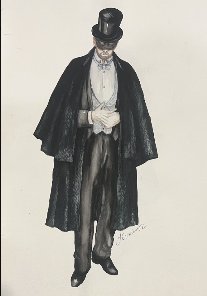 Original costume rendering, Figure in a top hat and black cape, clean rendering, Die Fledermaus, by Laura Crow