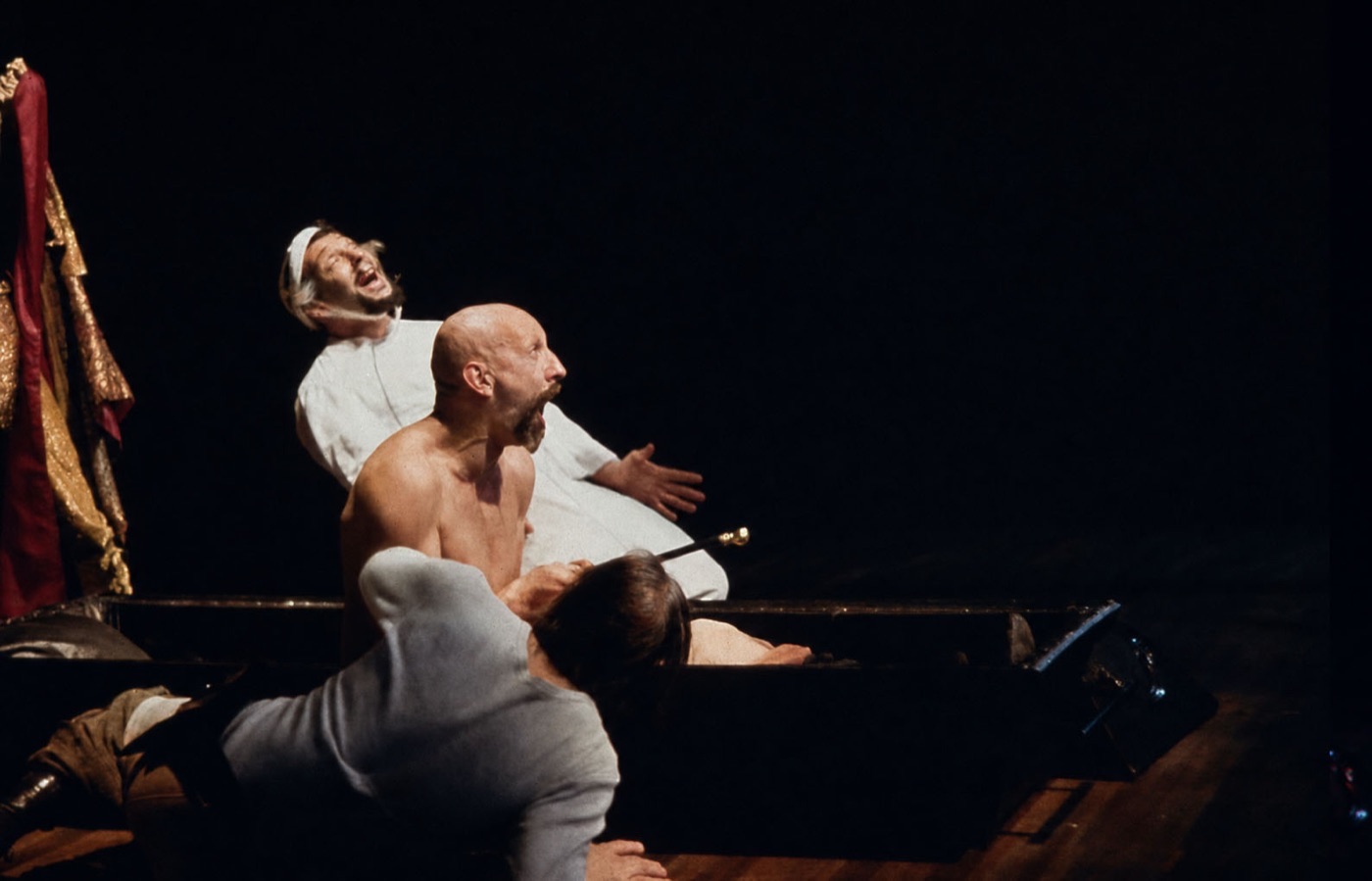 Rod Bedell and Emil Wolk by the coffin, rehearsal photograph, Dracula