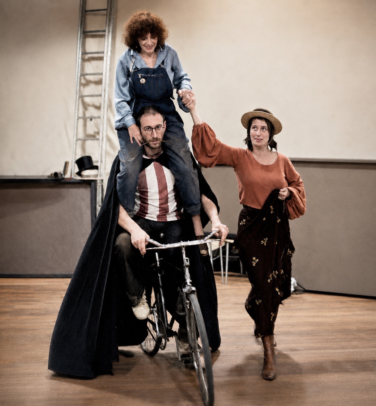 Rehearsal with Dracula on a bike with Lucy and Mina