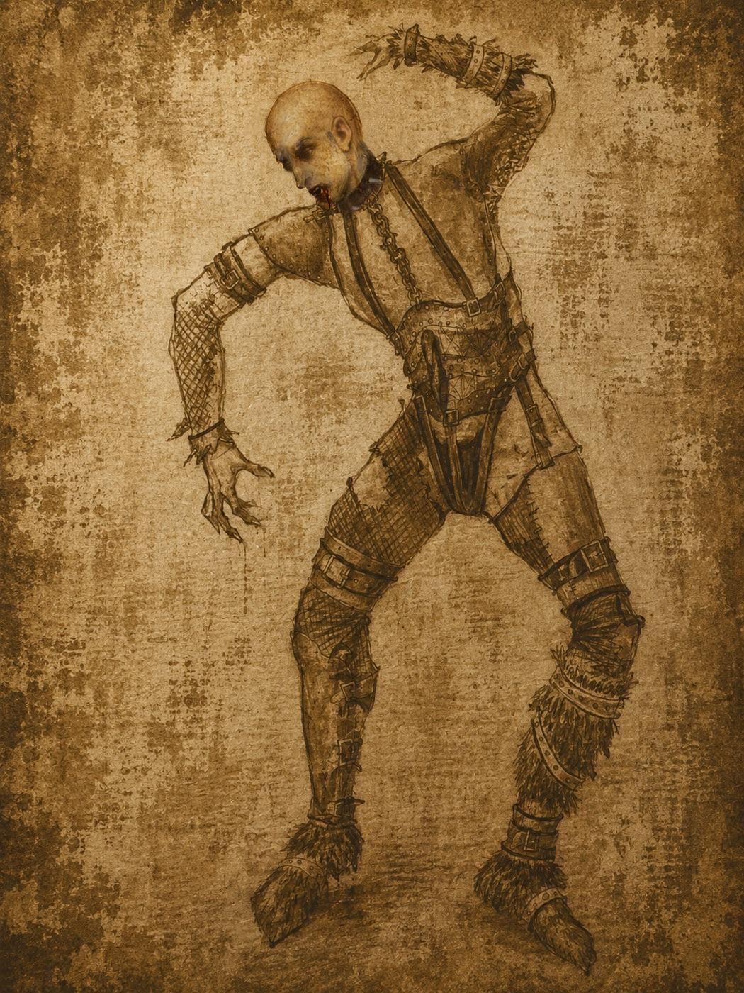 Costume sketch, leather harness creature design, Dracula, Pip Simmons Theatre Group