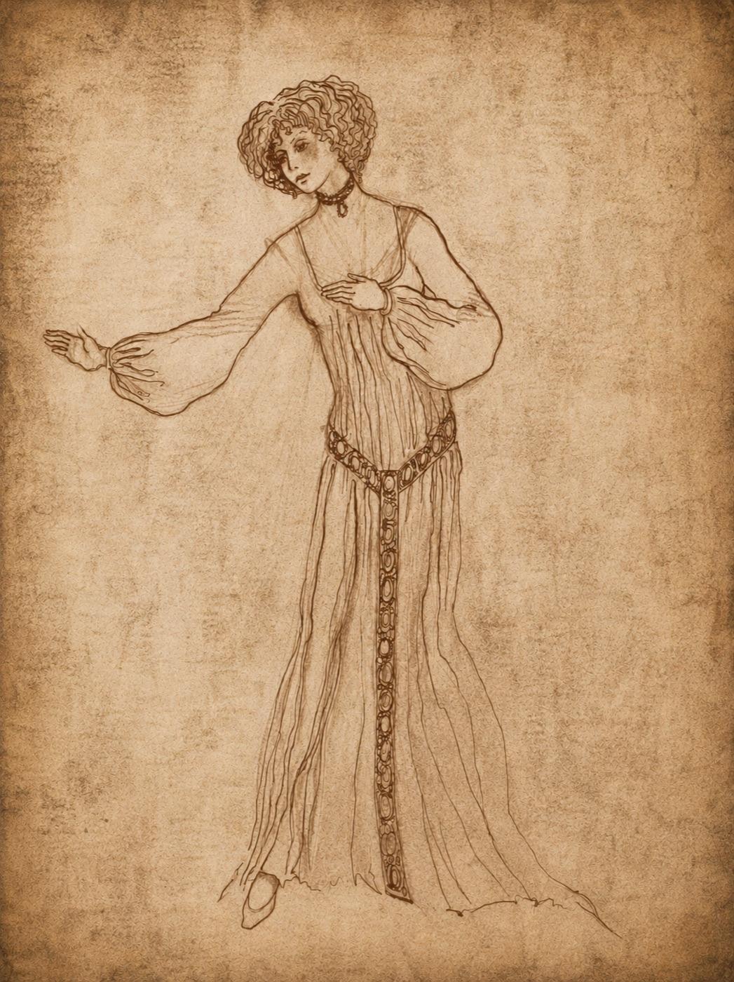 Costume sketch for Lucy Westenra as a vampire, Dracula, Pip Simmons Theatre Group