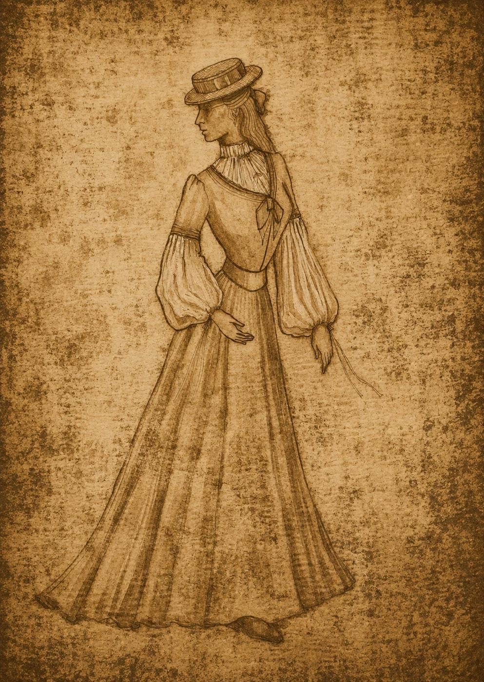 Costume rendering for Mina Harker, Dracula, Pip Simmons Theatre Group