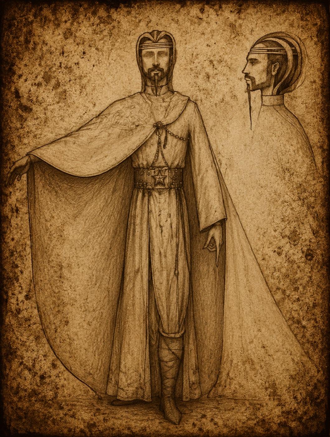 Costume rendering for Van Helsing, front and profile views, Dracula, 1974