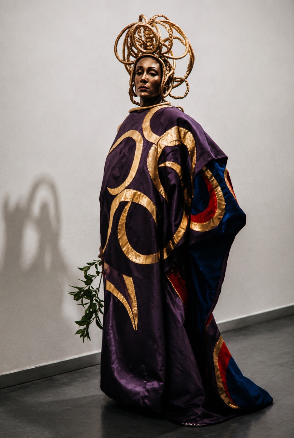 Clytemnestra in purple and gold cape with olive branch, Electra, Greenwich Theatre