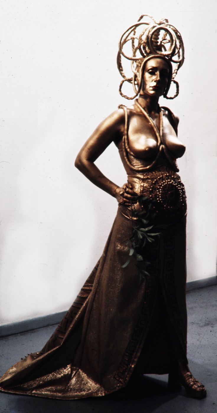 Clytemnestra in gold ceremonial gown and jeweled headdress, Electra, Greenwich Theatre