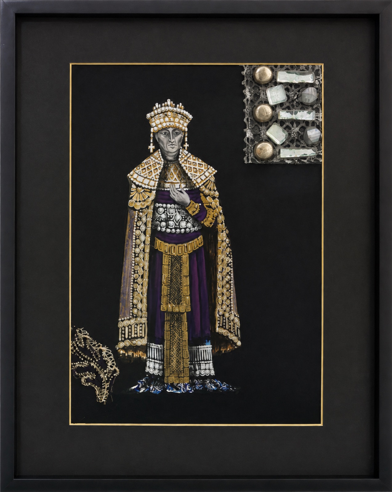Framed jeweled costume rendering for Enrico IV, Madison Union Theatre, 1969, by Laura Crow