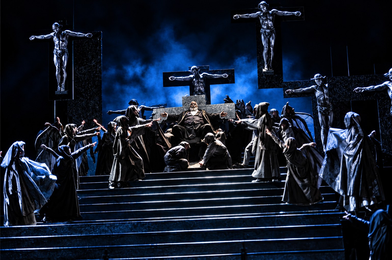 Company gathered across the staircase in the final scene, Falstaff, University of Michigan, costumes by Laura Crow