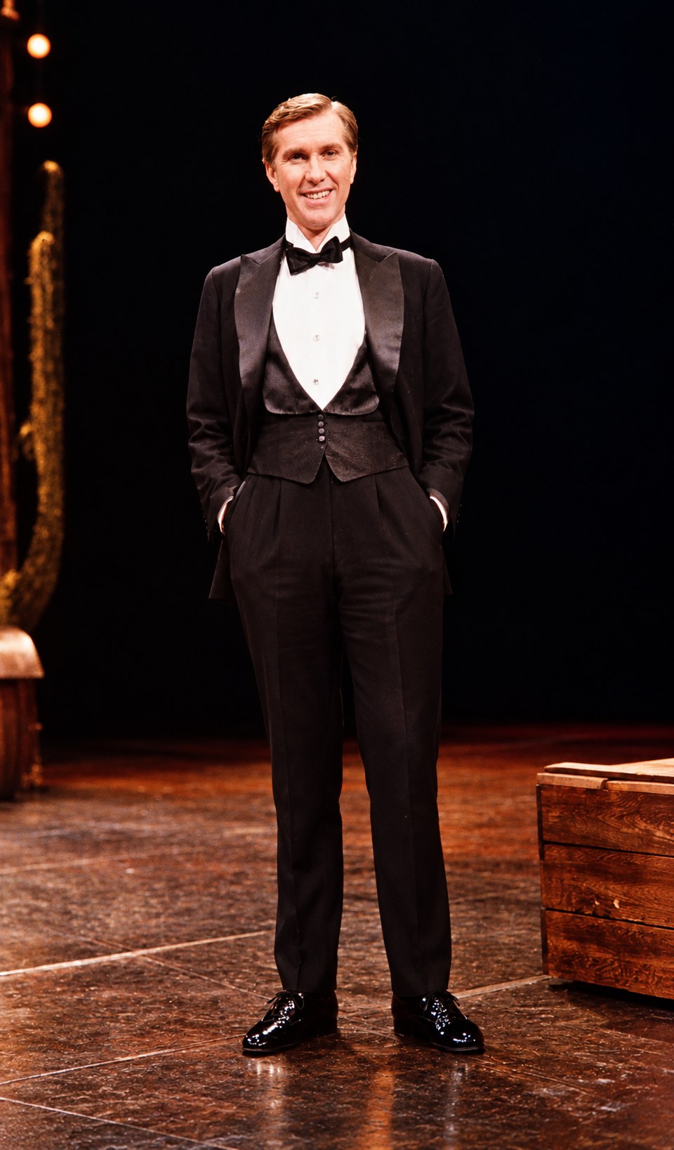 Harry Groener in the lead, in evening dress, production photo, Girl Crazy, Seattle Repertory Theatre, costumes by Laura Crow