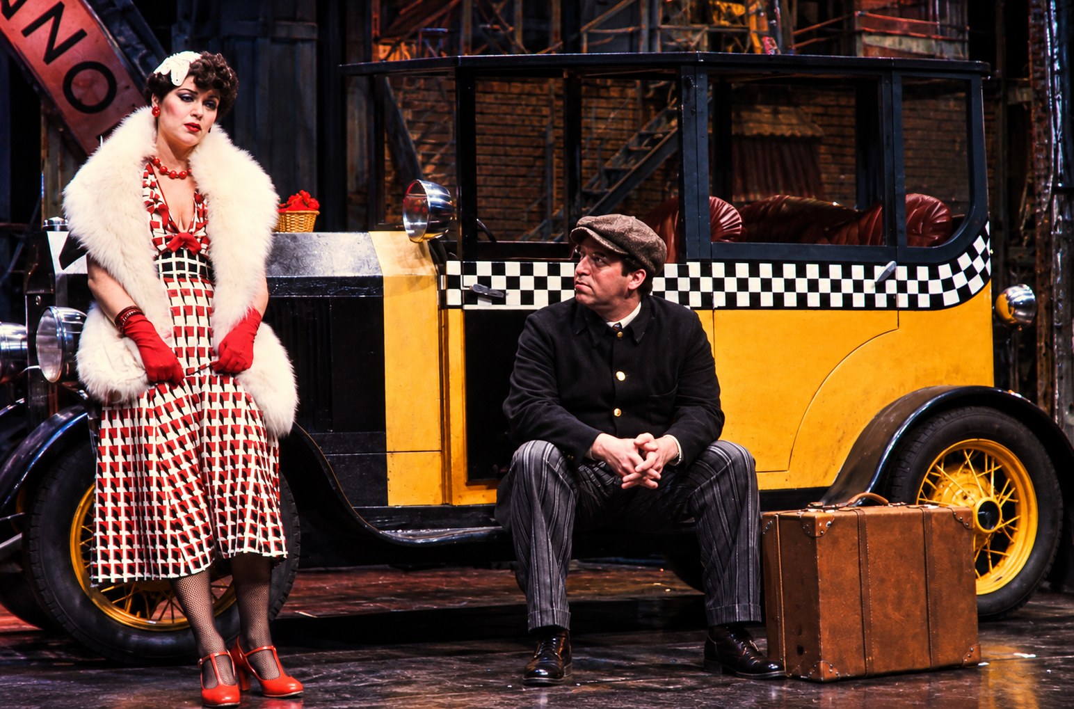 Eugene and Ruby with the New York taxi, production photo, Girl Crazy, Seattle Repertory Theatre, costumes by Laura Crow