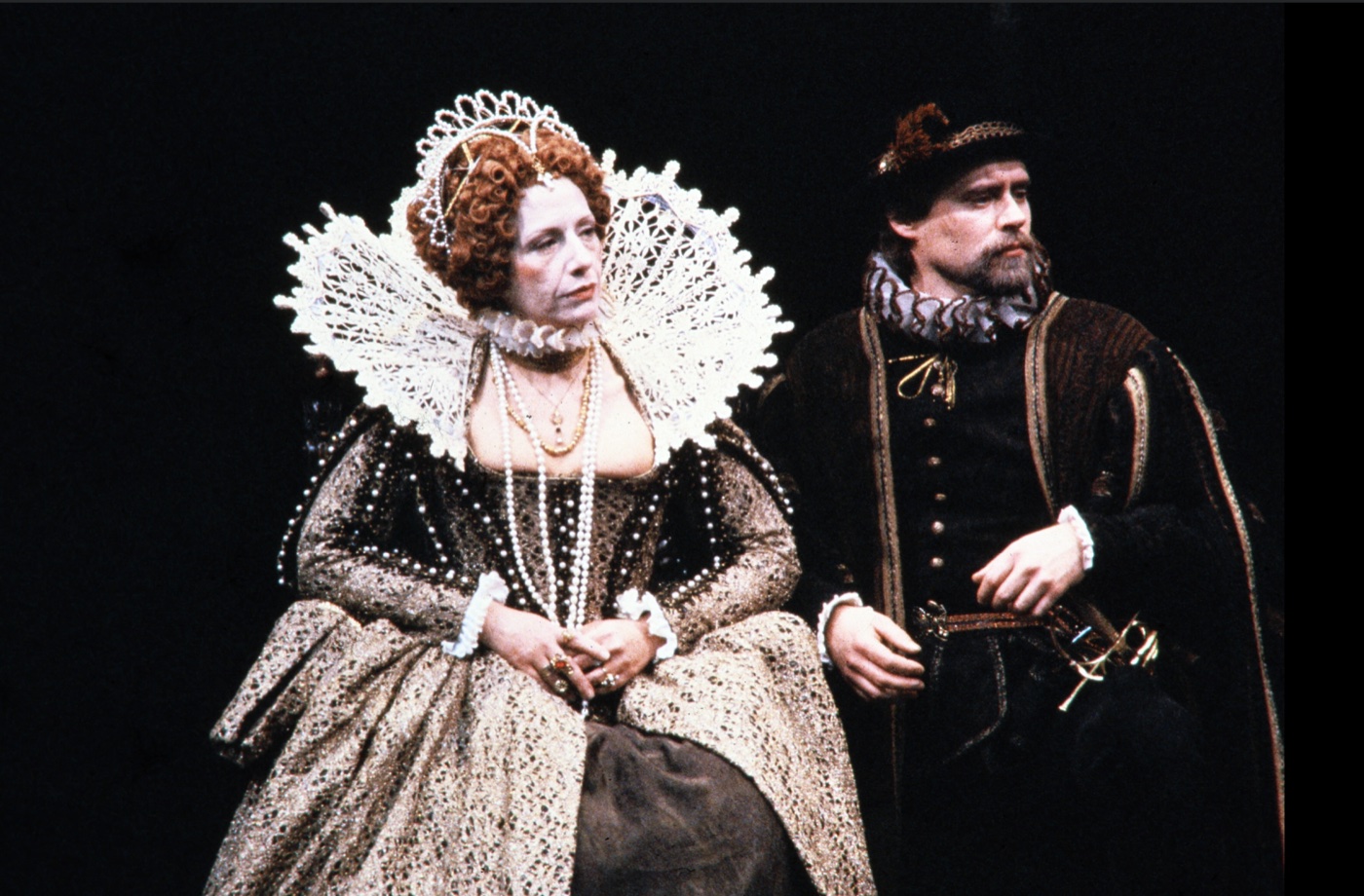 Gertrude and the court, production photo, Hamlet, costumes by Laura Crow
