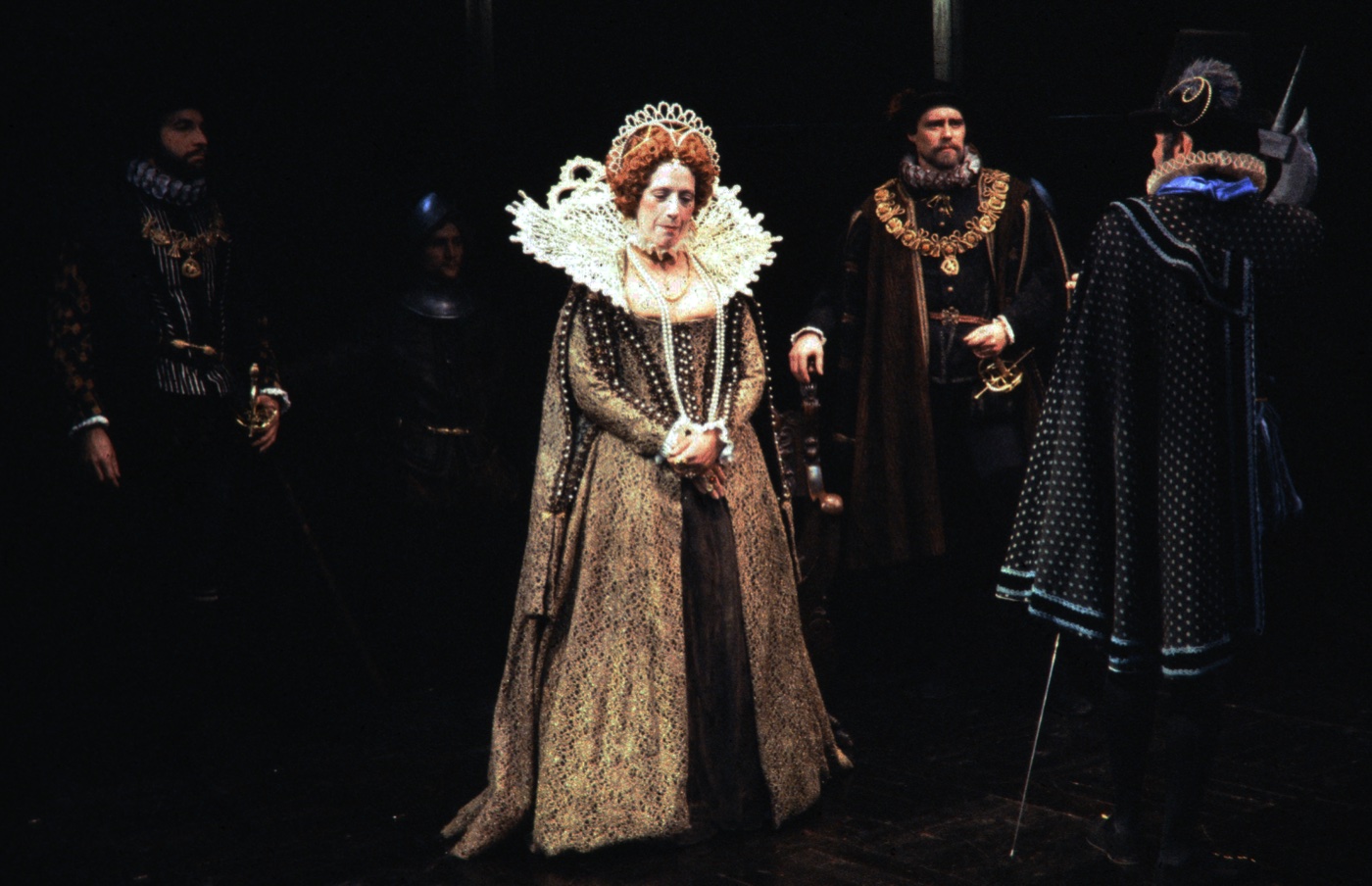 Gertrude, Claudius and courtiers, production photo, Hamlet, costumes by Laura Crow