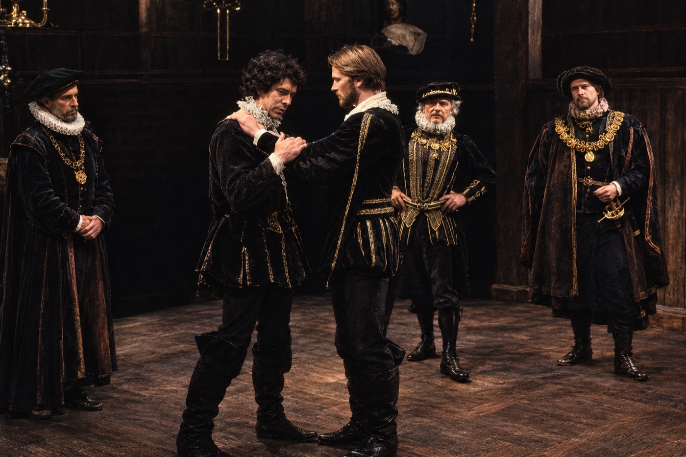 Laertes, Hamlet and Claudius with courtiers, production photo, Hamlet