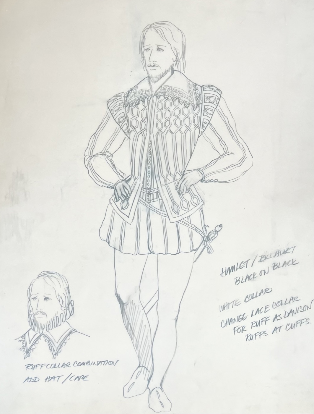 Costume sketch, Hamlet/Bill Hurt, black on black