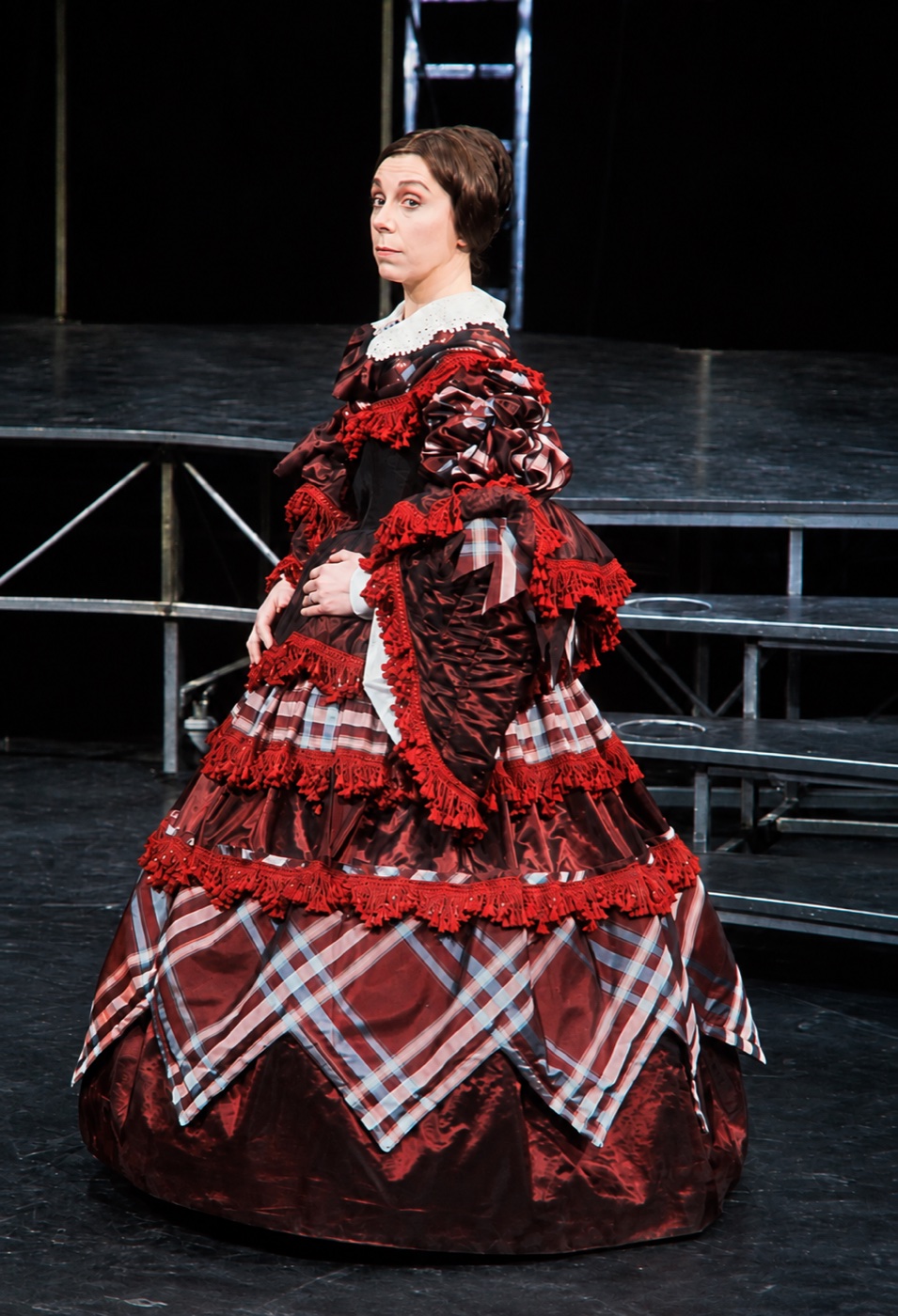 Freda Dowie as Queen Victoria in tartan and lace, Little Giant, Greenwich Theatre, costumes by Laura Crow