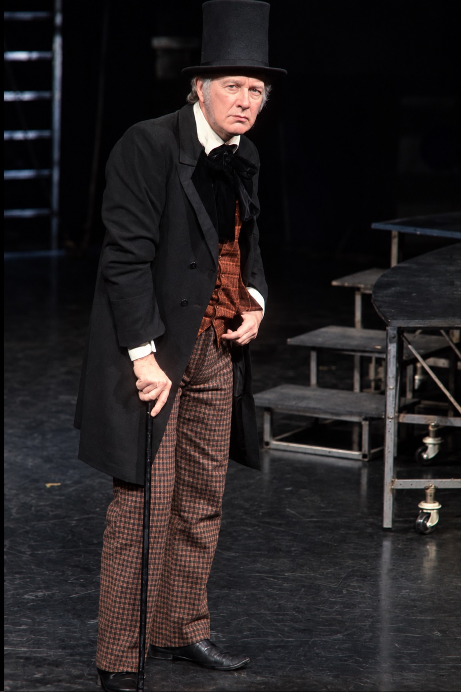 Stephenson in top hat and greatcoat, Little Giant, Greenwich Theatre, costumes by Laura Crow