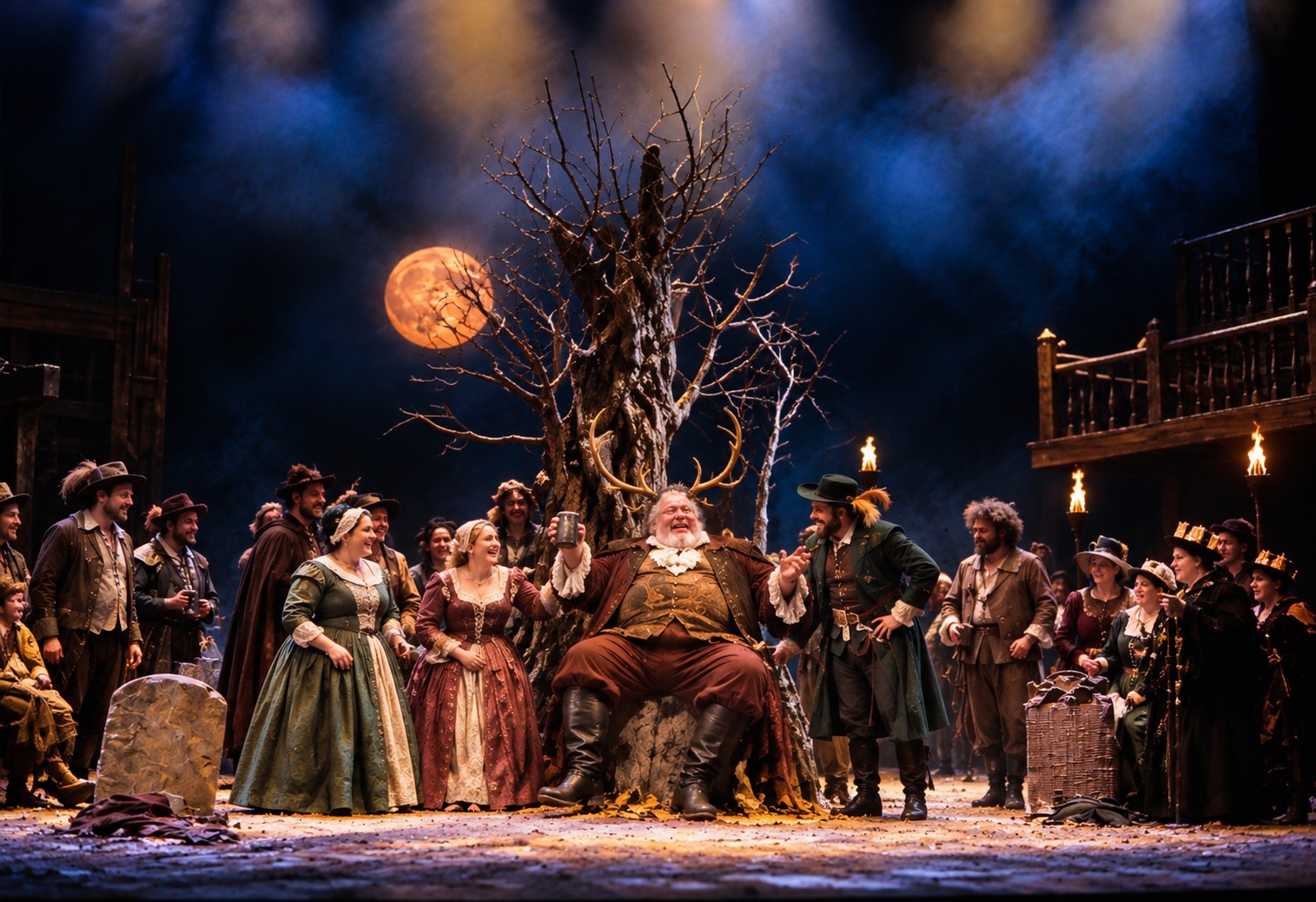 Company gathered in Herne’s Wood, Merry Wives of Windsor, Seattle Repertory Theatre, costumes by Laura Crow