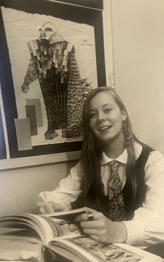 Laura Crow in graduate school at the University of Wisconsin, with a costume rendering for Oedipus Rex