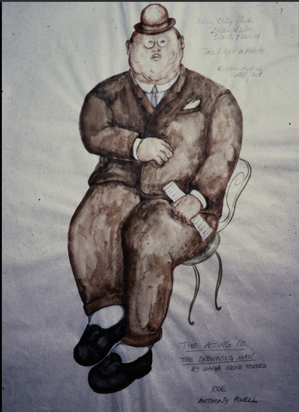 Costume rendering of a seated figure in a brown suit, Orchards, The Acting Company, costumes by Laura Crow
