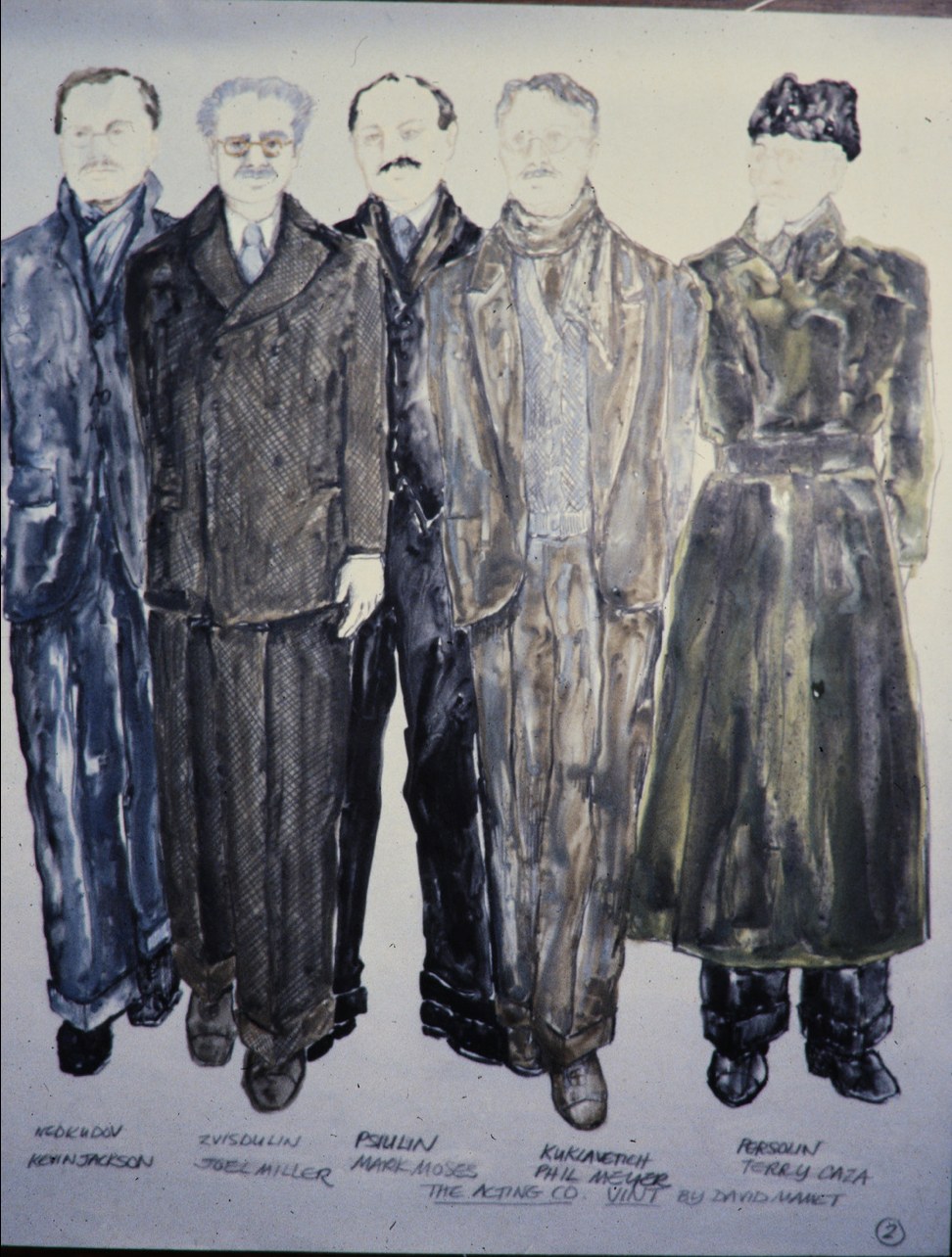 Costume renderings of figures in long dark coats, Orchards, The Acting Company, costumes by Laura Crow