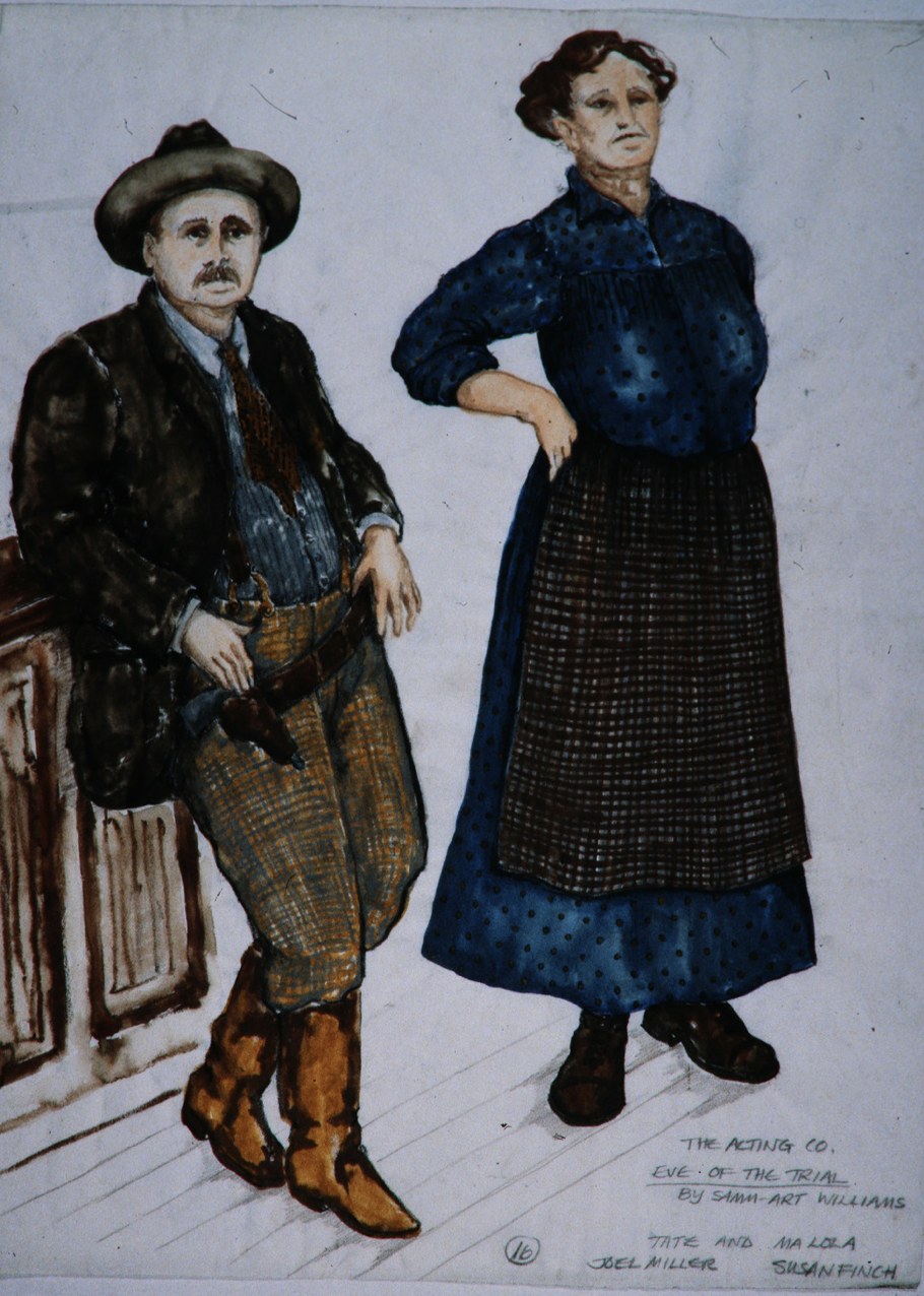 Costume renderings of a man and woman, Orchards, by Laura Crow