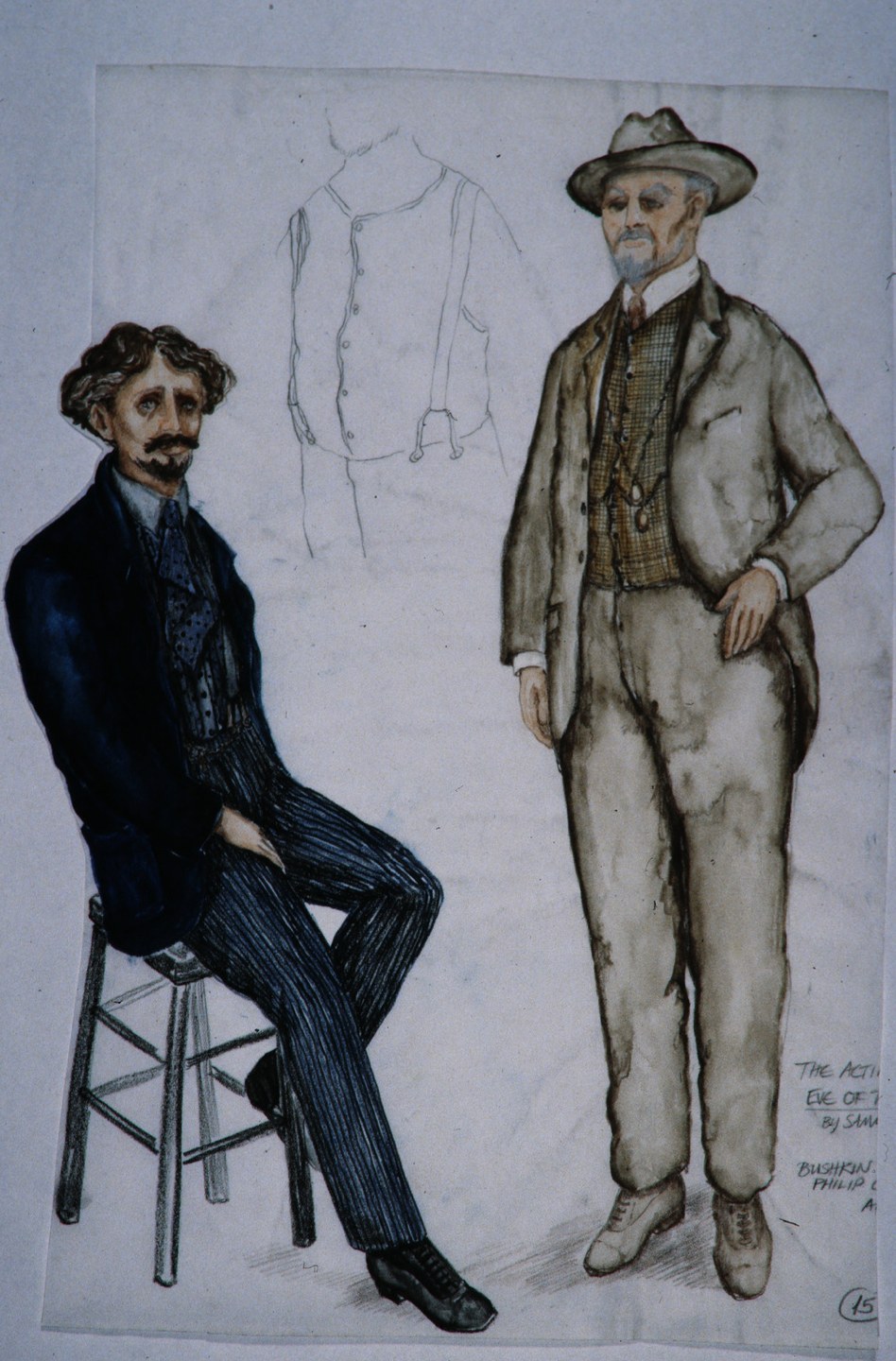 Costume renderings of two men, seated and standing, Orchards, The Acting Company, costumes by Laura Crow