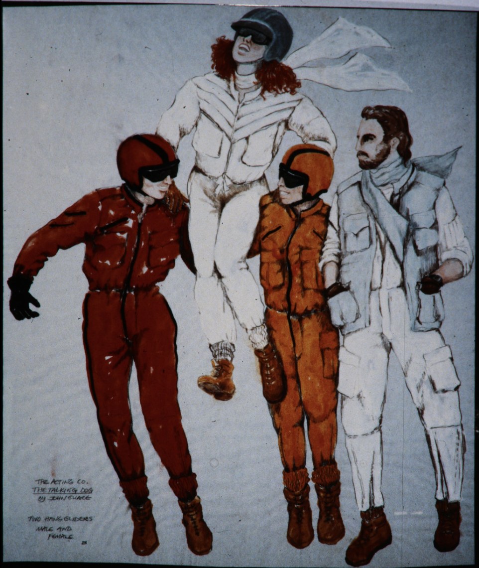 Costume renderings of four figures in red, white and orange, Orchards, The Acting Company, costumes by Laura Crow