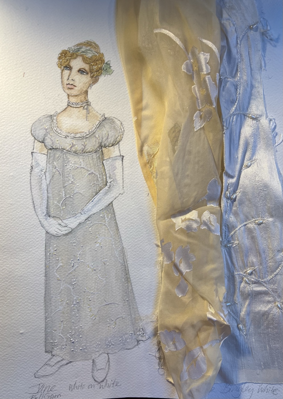 Original costume rendering, Jane, white ball gown, Pride and Prejudice