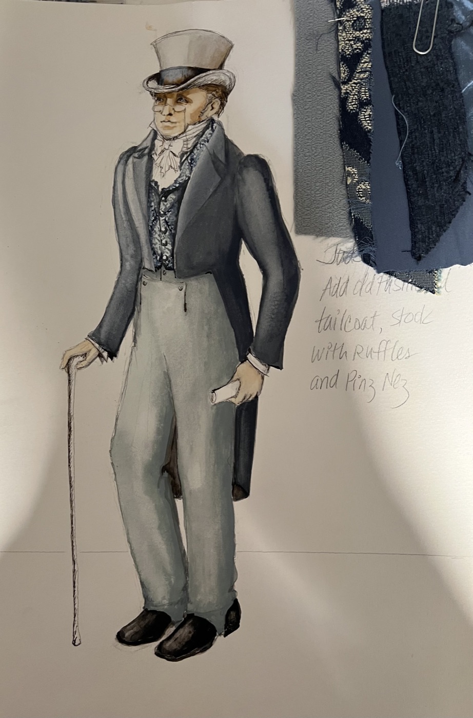 Costume rendering with top hat and cane, Prudence