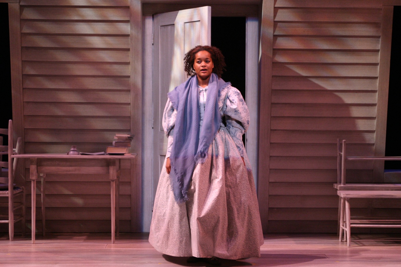 Julia at the doorway, production photo, Prudence, costumes by Laura Crow