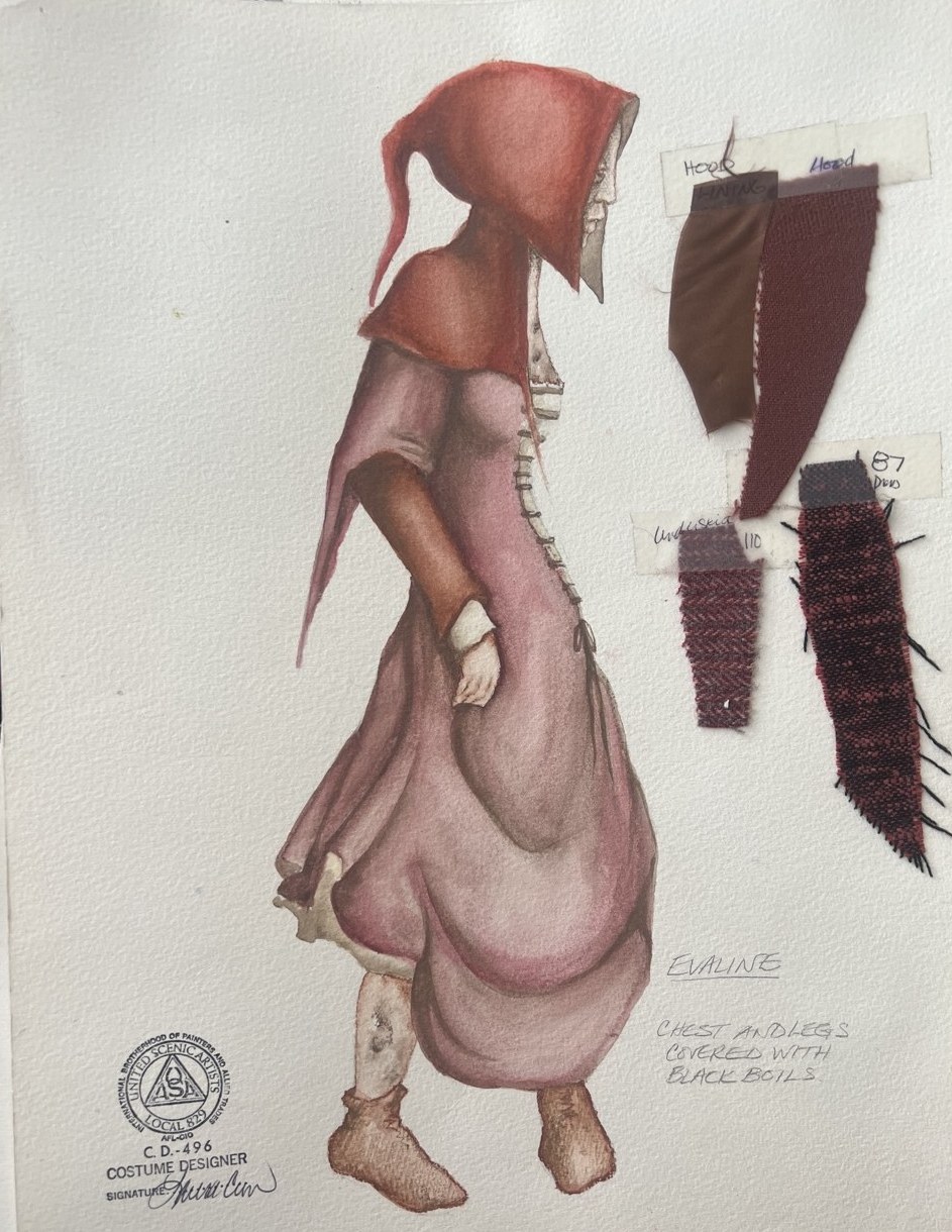 Evaline, costume rendering with fabric swatches, Red Noses, by Laura Crow
