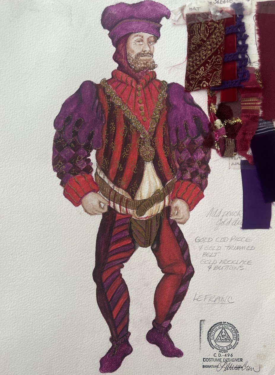 Lefranc, costume rendering with fabric swatches, Red Noses, by Laura Crow
