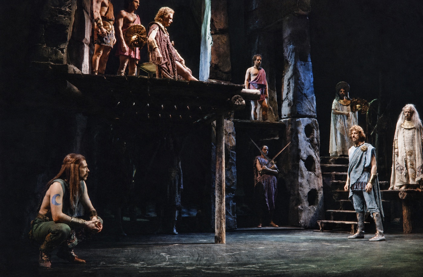 Company onstage, Richard II, production photo, costumes by Laura Crow
