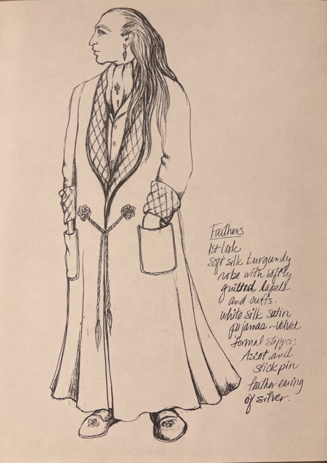 Original costume design sketch, Robbers, with Laura Crow's handwritten fabric notes