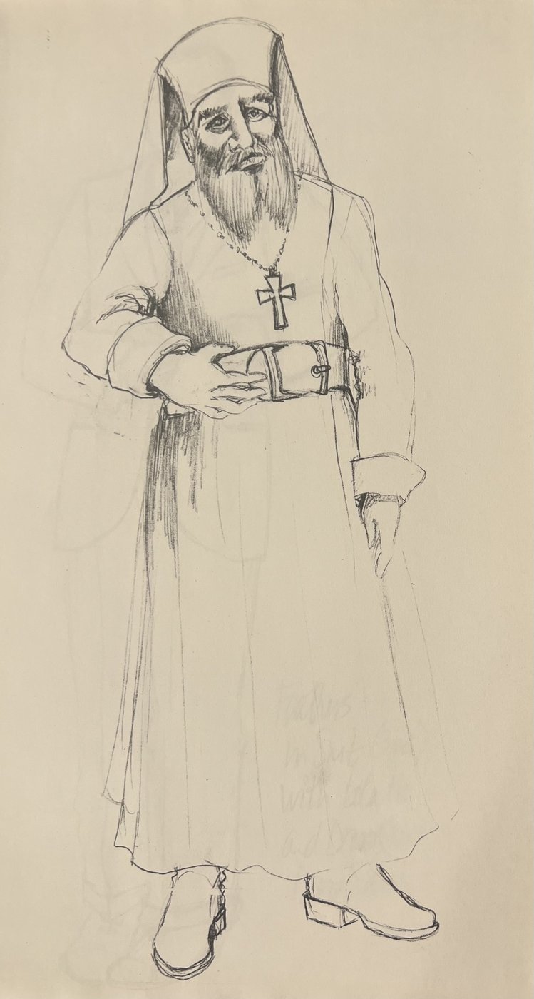 Costume sketch, robed figure with a cross, Robbers, by Laura Crow