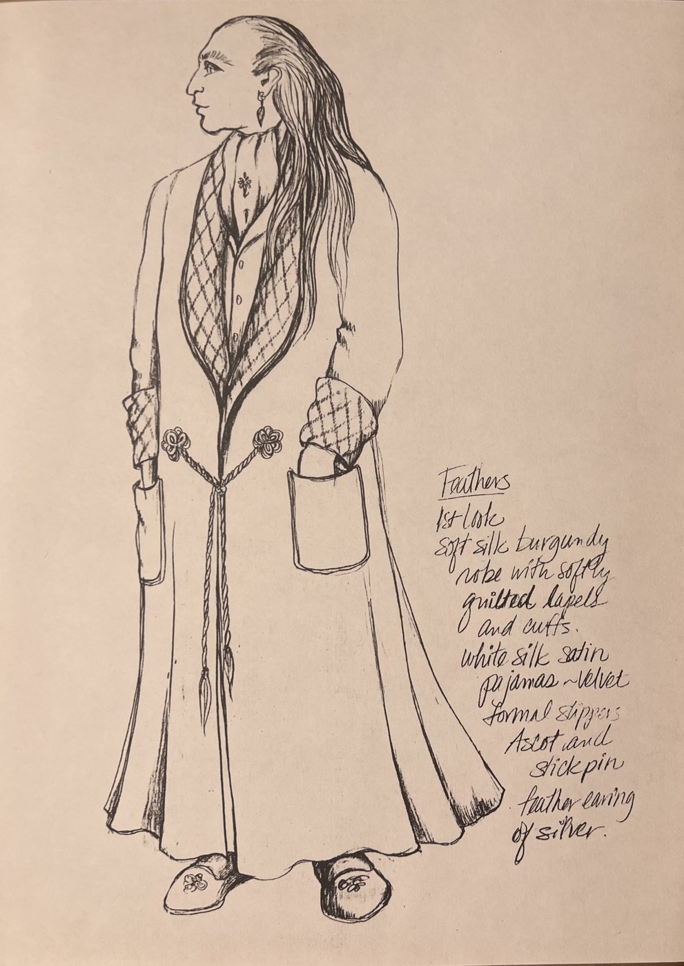 Costume sketch, the father's robe, with Laura Crow's handwritten fabric notes, Robbers, by Laura Crow