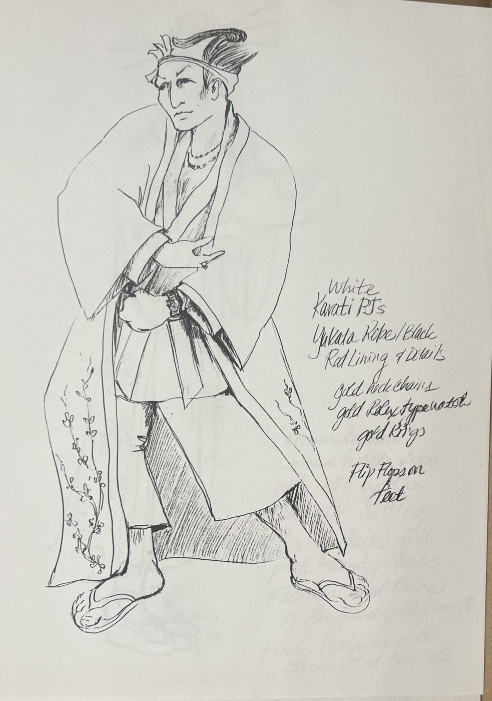 Costume sketch, figure in a long coat, with handwritten notes, Robbers, by Laura Crow