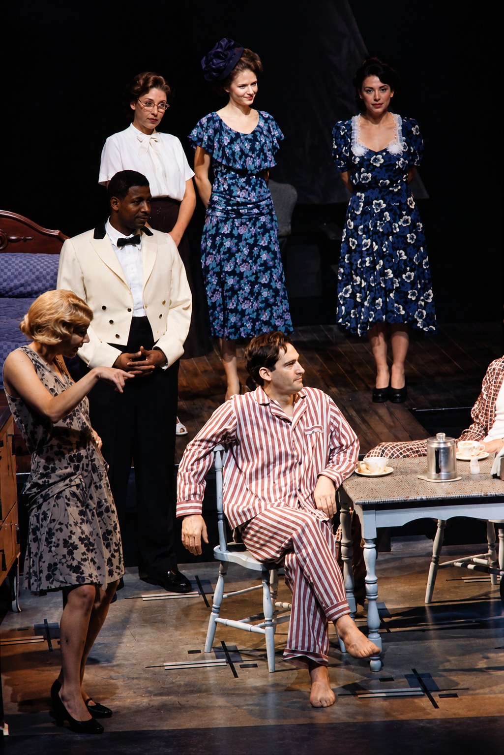 Ensemble scene with patterned dresses, Death of a Salesman, Alley Theatre, Houston, costumes by Laura Crow