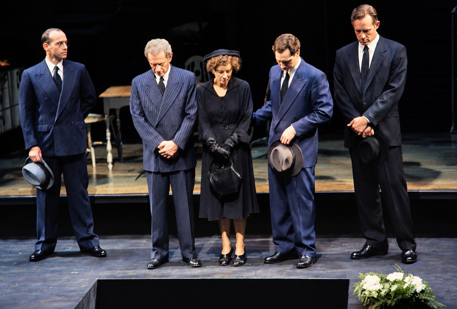 Five mourners in dark suits, Death of a Salesman, Alley Theatre, Houston, costumes by Laura Crow