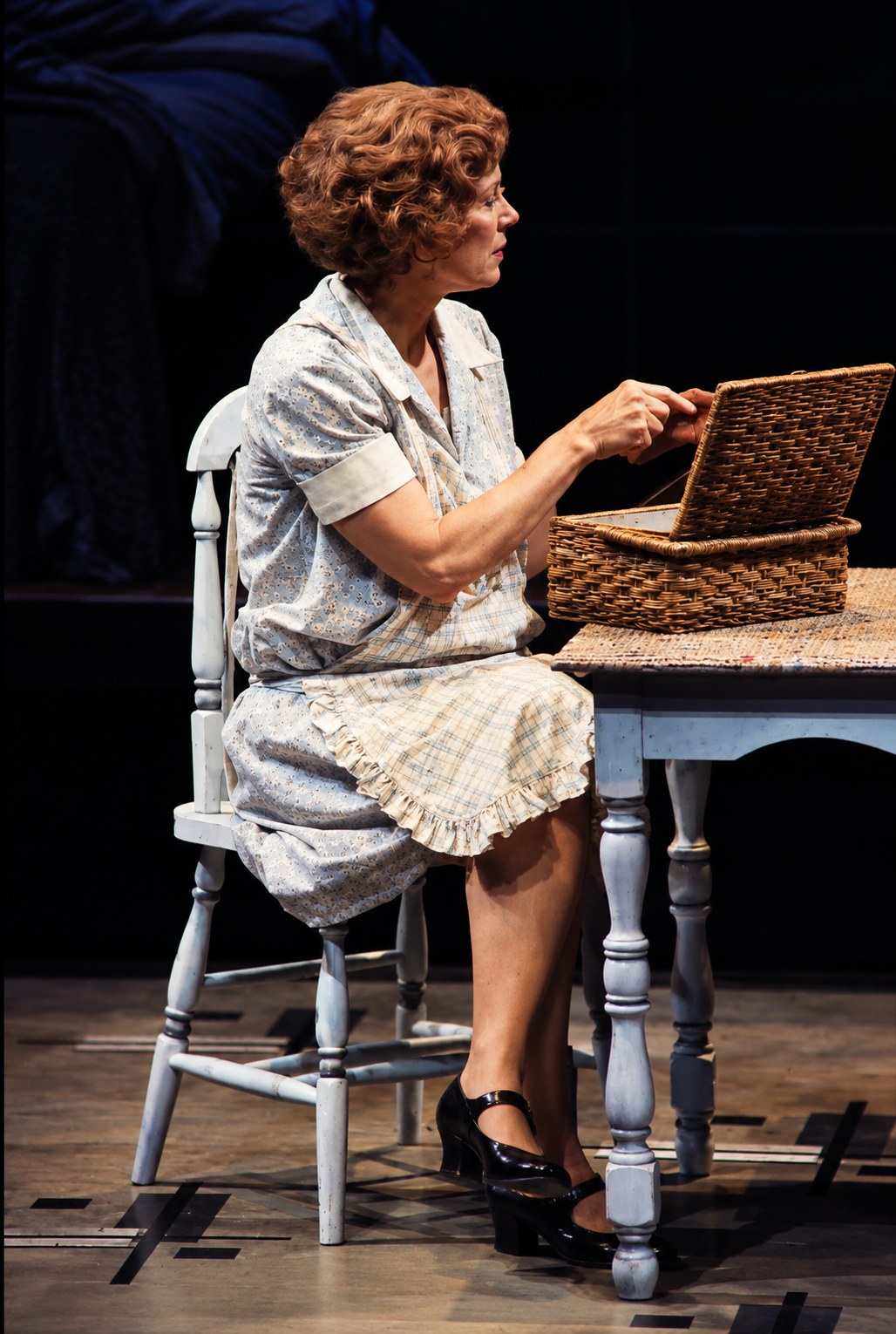 Linda seated with her sewing basket, Death of a Salesman, Alley Theatre, Houston, costumes by Laura Crow